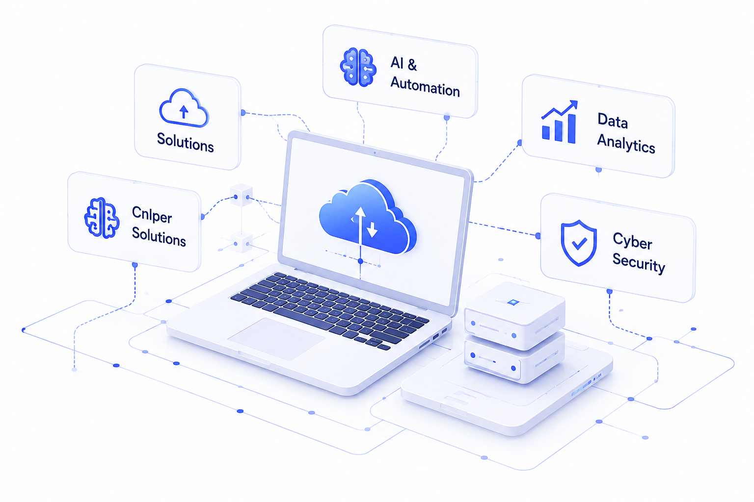 Laptop and connected devices showing AI, automation, analytics, and security services